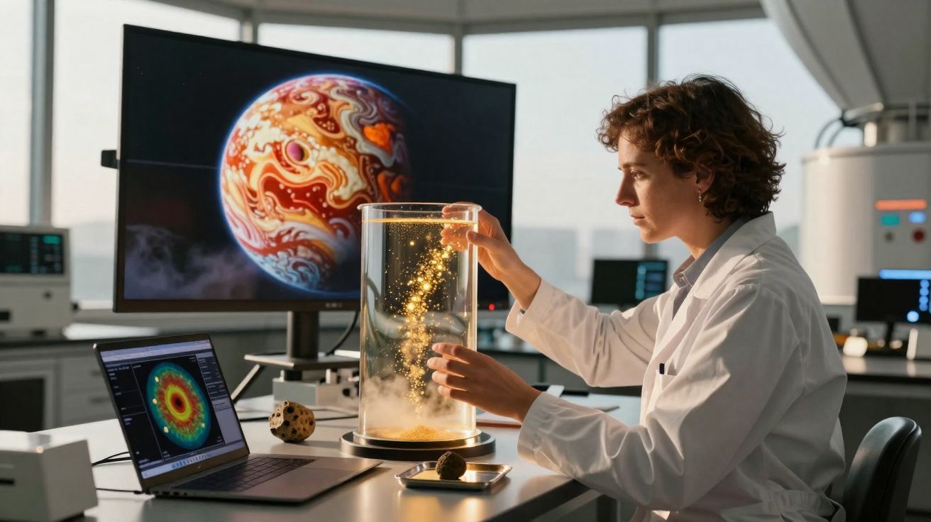 Cientista em laboratório manipulando cilindro transparente com partículas douradas, telas exibindo planetas ao fundo.