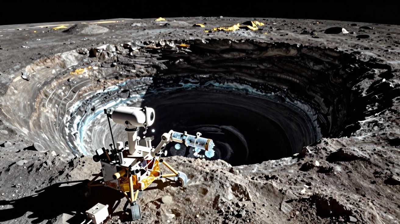 Rover robótico explorando a borda de uma enorme cratera lunar escura e profunda.