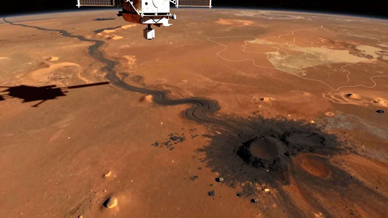 Imagem de satélite mostrando um terreno árido com crateras e caminhos ao redor, com sombra de satélite.