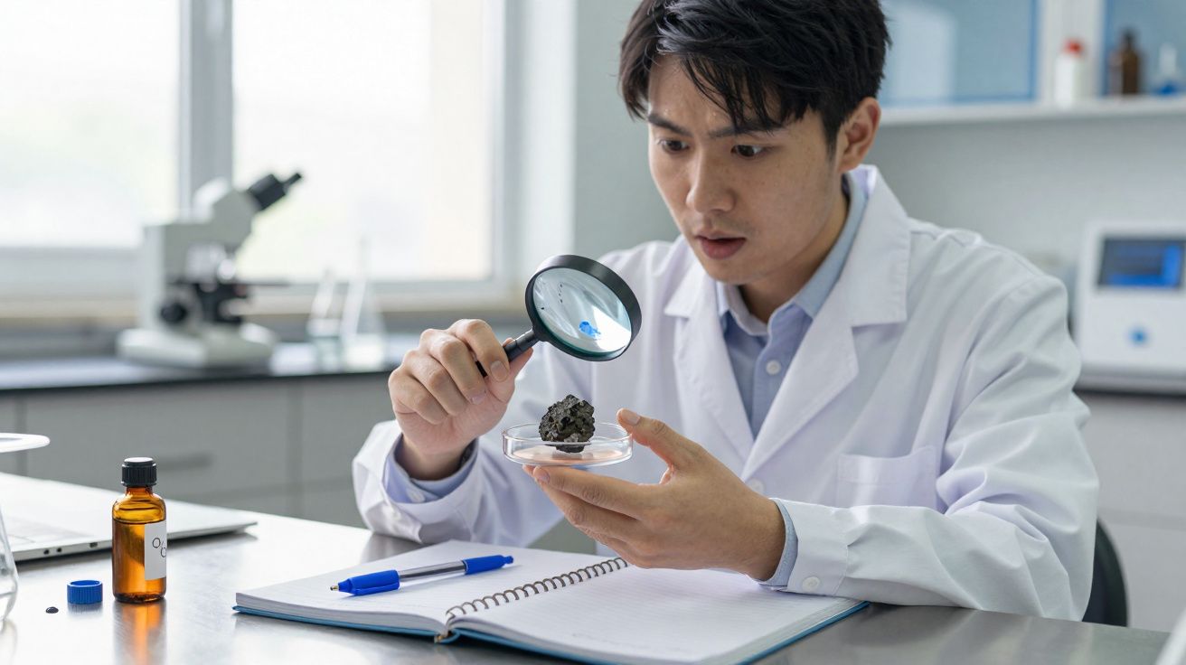 Cientista em jaleco branco usa lupa para examinar amostra escura em placa de Petri no laboratório moderno.