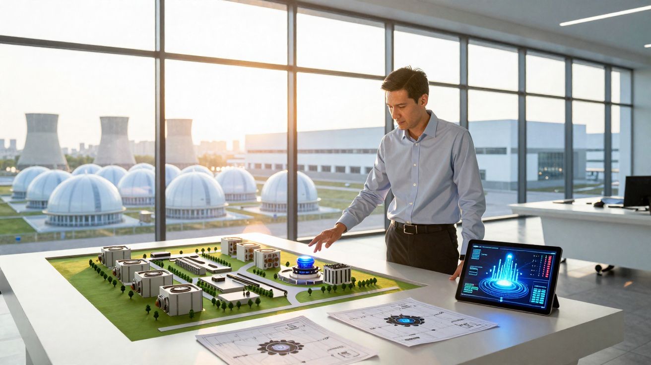 Homem observa maquete futurista de usina nuclear moderna em escritório com janelas panorâmicas.
