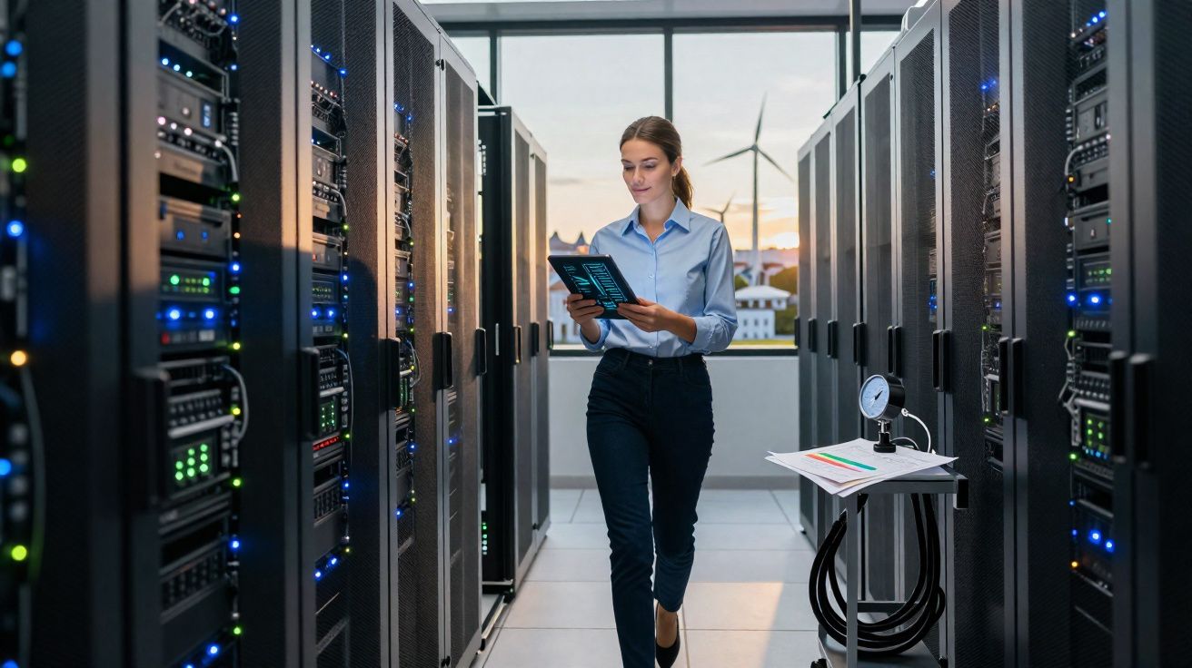 Mulher em data center segurando tablet, cercada por servidores com turbinas eólicas ao fundo.