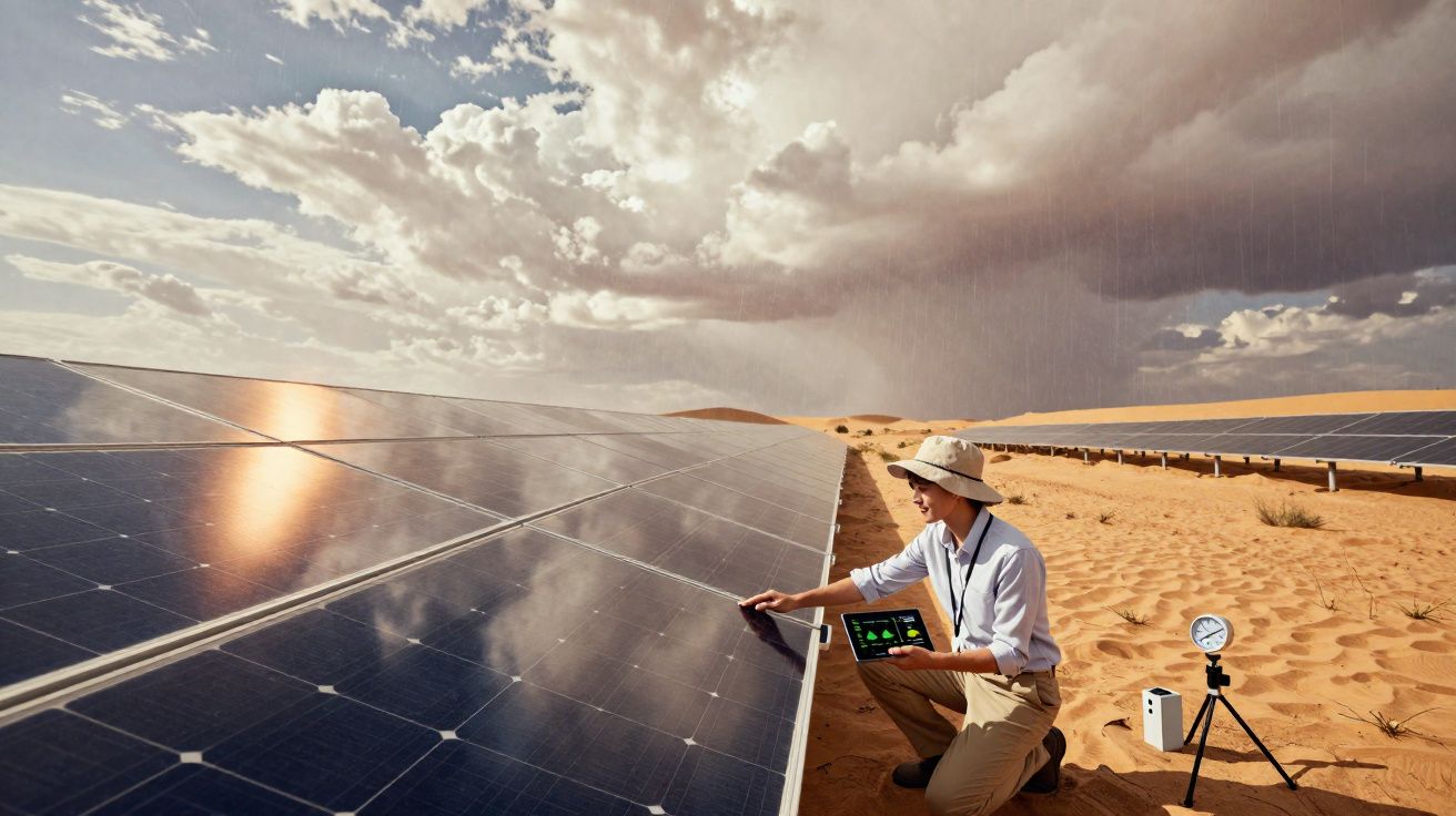 Técnico inspeciona painel solar em deserto sob céu com nuvens e chuva leve ao fundo.