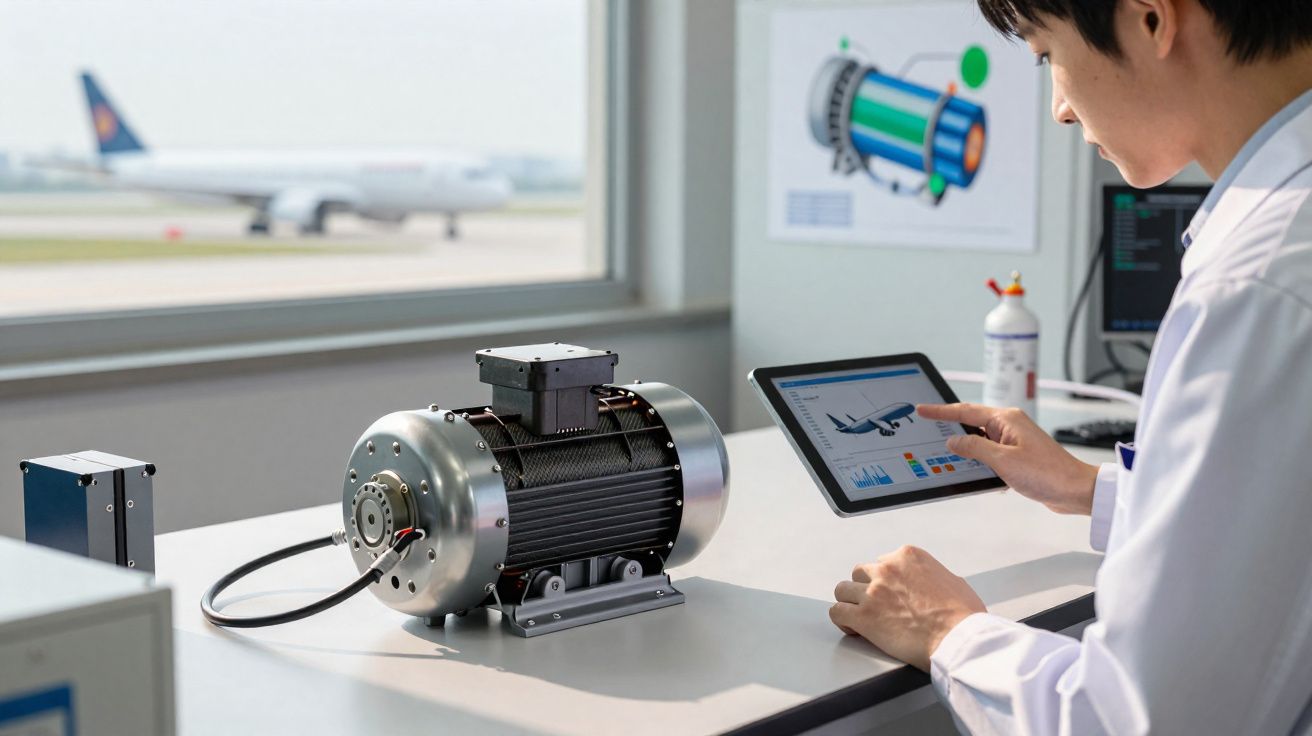 Engenheiro analisando projeto de motor elétrico em tablet, com avião ao fundo na janela do laboratório.