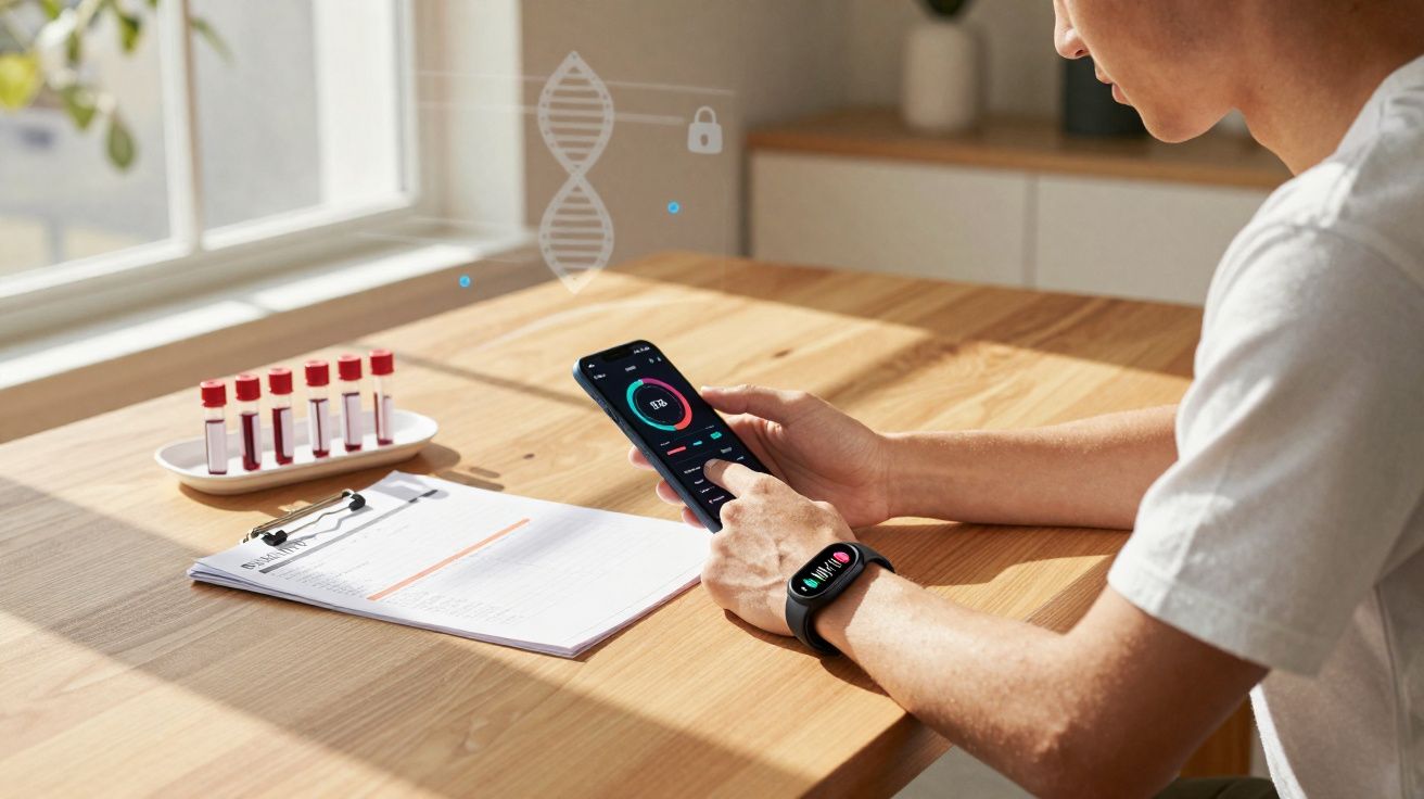 Pessoa usando smartphone e relógio inteligente para monitorar saúde, com tubos de sangue e documentos na mesa.