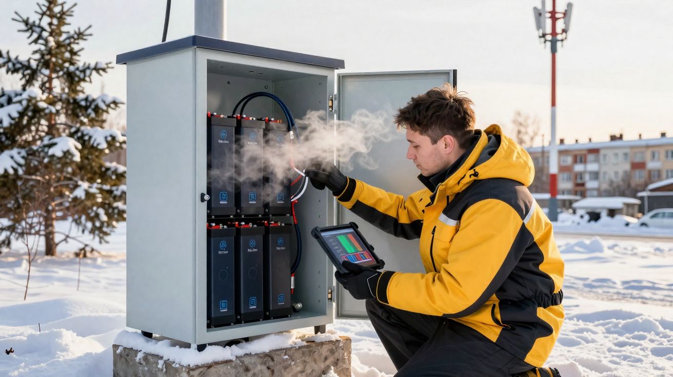 Homem com jaqueta amarela verifica equipamento elétrico ao ar livre na neve com vapor saindo da caixa.