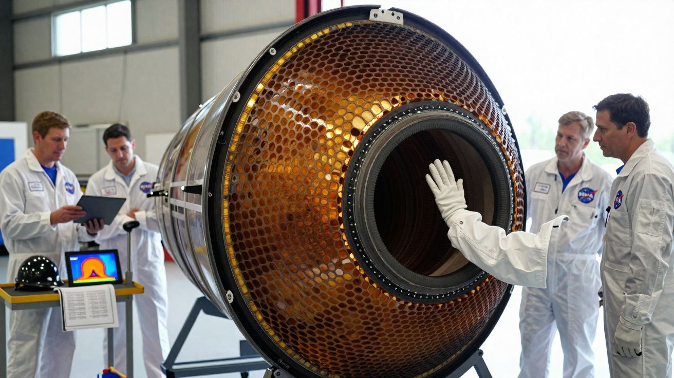 Quatro homens com macacões brancos observam e examinam grande equipamento cilíndrico dourado em laboratório.