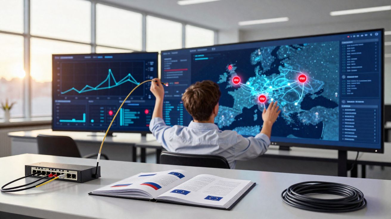 Pessoa analisando dados em telas grandes com mapa da Europa e gráficos em escritório moderno.