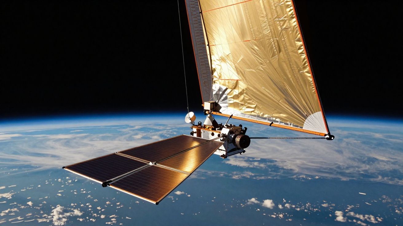 Satélite com painéis solares e vela solar orbitando a Terra com o espaço ao fundo.