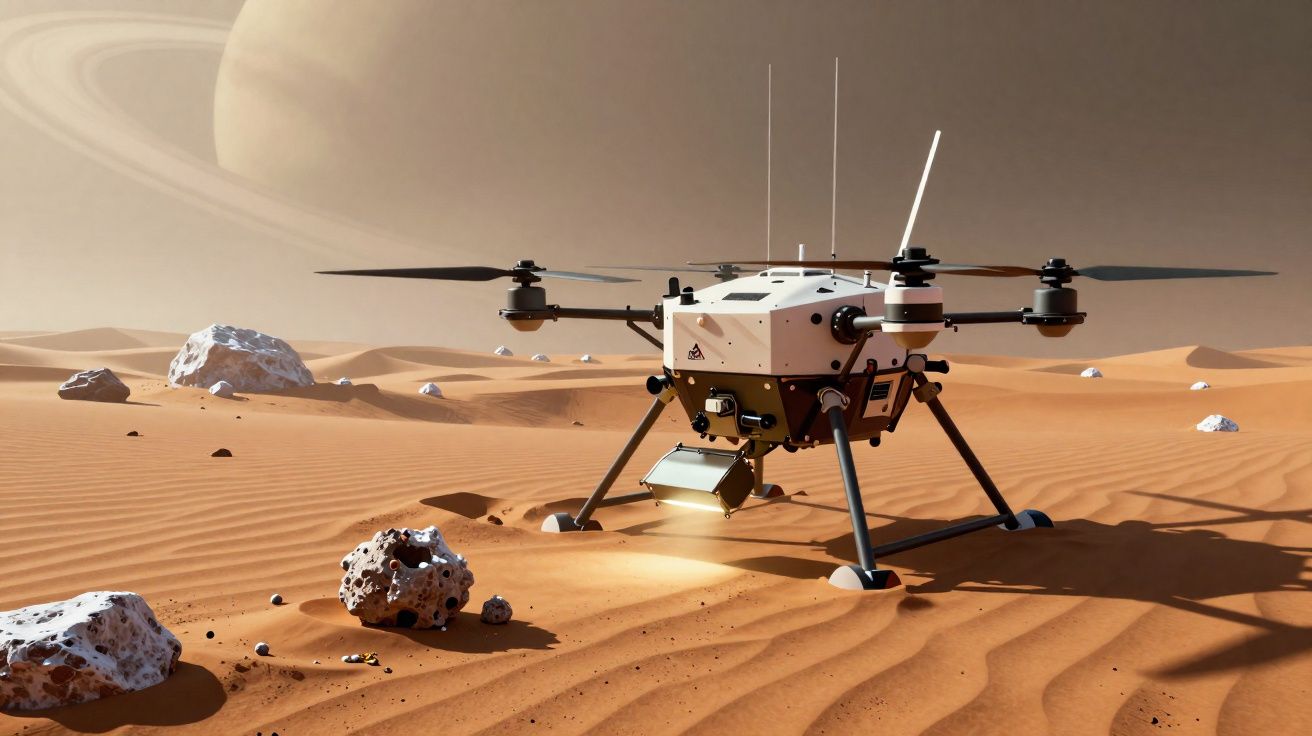 Drone exploratório de seis hélices pousado em solo arenoso com rochas e anéis planetários ao fundo.