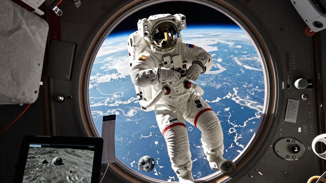 Astronauta em traje espacial flutuando no espaço com a Terra vista pela janela da nave.