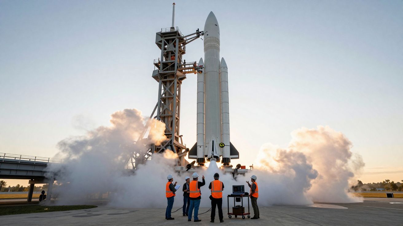 Foguete lançando com equipe vestindo coletes laranja observando e registrando o evento em área aberta.