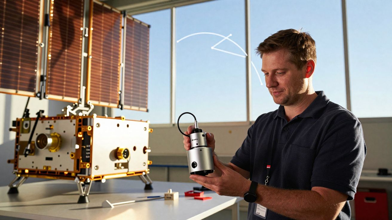 Homem segurando equipamento tecnológico em laboratório com modelo de satélite ao fundo.