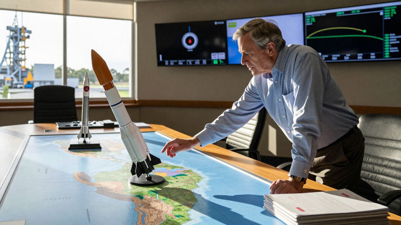 Homem analisa maquete de foguete sobre mesa com mapa e telas de monitoramento ao fundo em sala de controle.