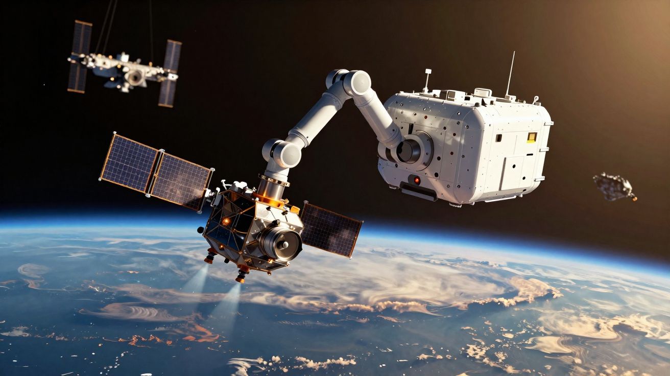 Satélites e módulos espaciais em órbita ao redor da Terra com braços robóticos conectando-os.