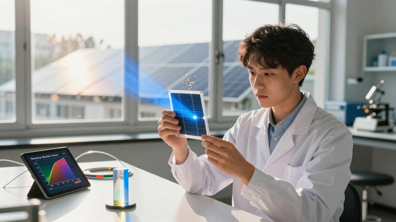 Cientista em laboratório analisando painel solar com gráficos energéticos em tablet ao lado.