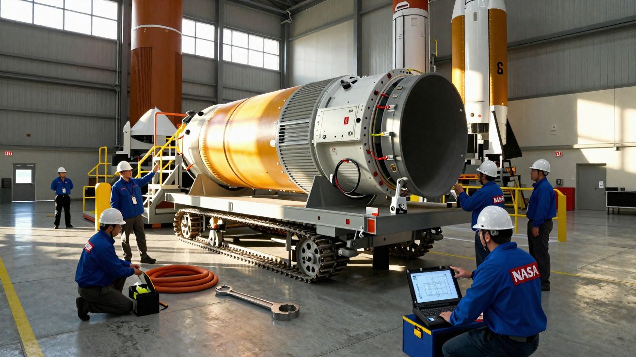 Equipe da NASA em uniforme azul inspeciona grande motor de foguete em hangar espaçoso e iluminado.