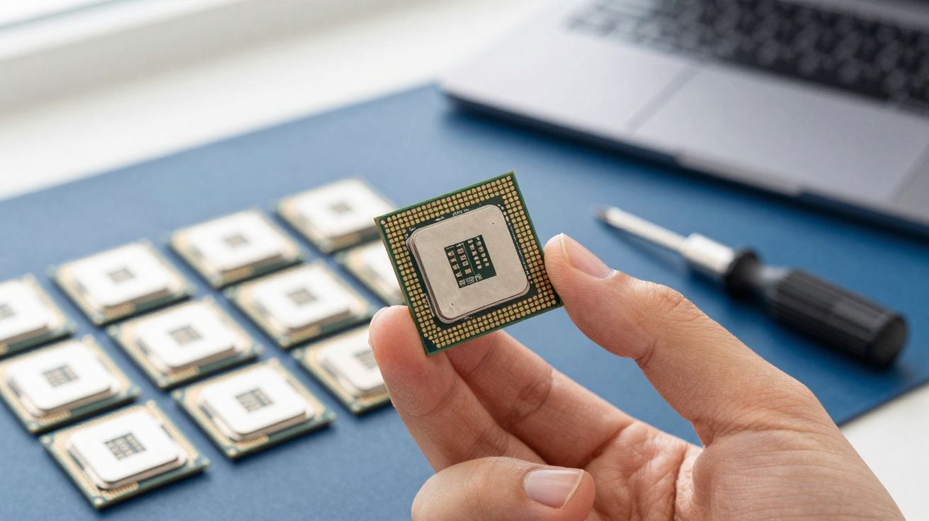 Mão segurando um microchip com vários chips, uma chave de fenda e um laptop ao fundo.