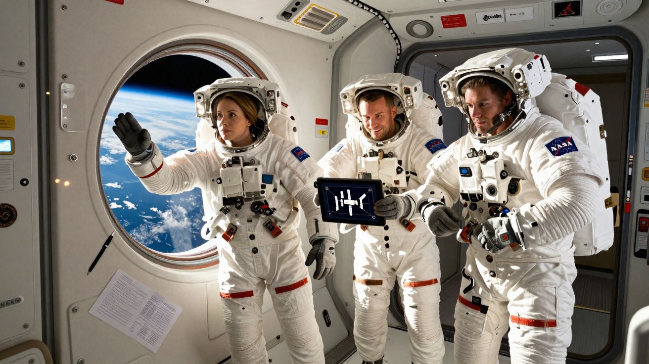 Três astronautas em trajes espaciais dentro de uma nave olhando pela janela para a Terra vista do espaço.