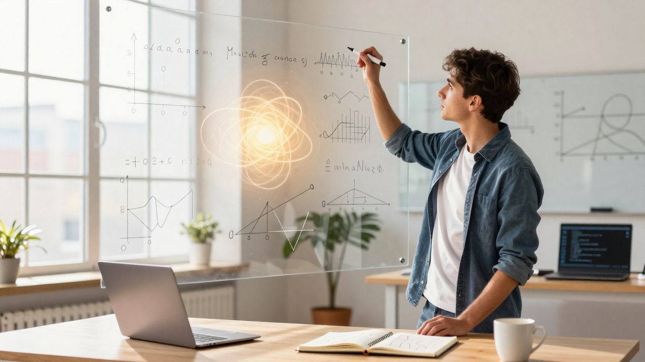 Jovem escrevendo fórmulas matemáticas em vidro transparente em escritório moderno com laptop e caderno.