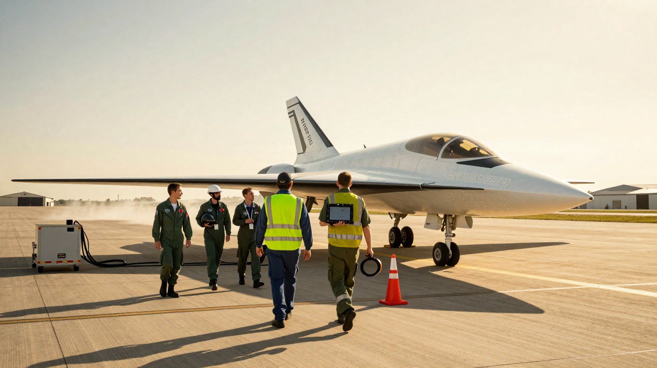 Equipe técnica e pilotos caminhando em direção a um avião supersônico estacionado em um aeroporto durante o dia.