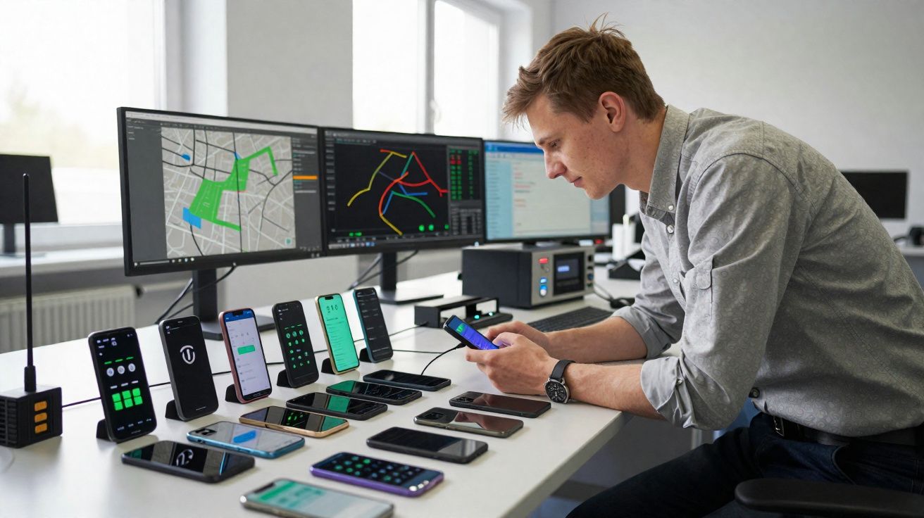 Homem jovem testa aplicativos em vários smartphones sobre mesa com monitores exibindo dados técnicos ao fundo.