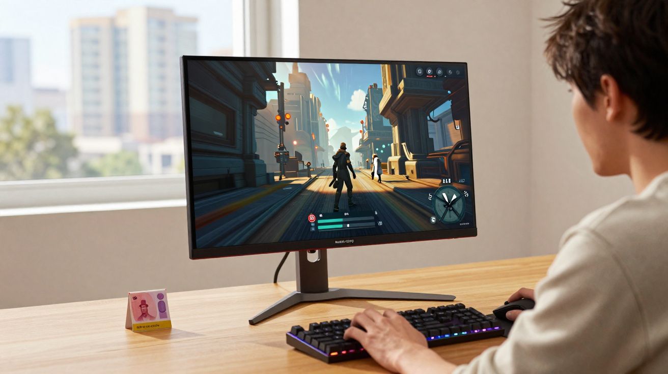 Pessoa jogando videogame de aventura em computador desktop com monitor widescreen em mesa de madeira.