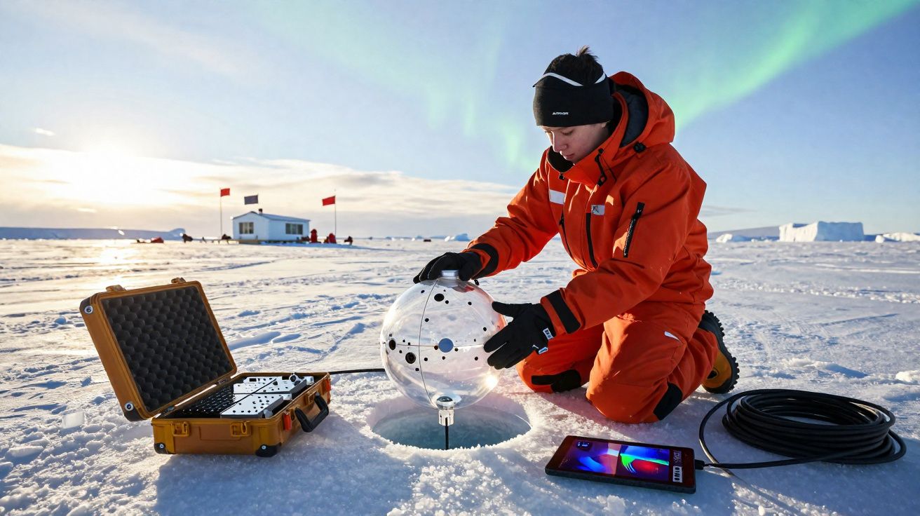 Pessoa vestida com roupa laranja instala equipamento para medir aurora boreal no gelo, céu com luzes verdes.