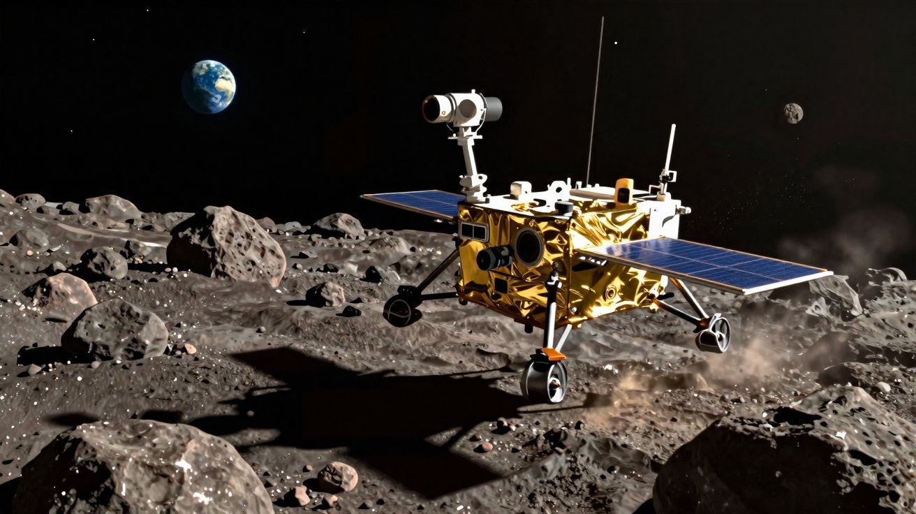 Rover dourado com painéis solares explorando superfície rochosa da Lua, Terra e Lua ao fundo.