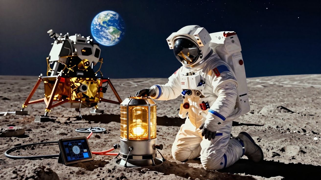 Astronauta ajoelhado na superfície lunar próximo a equipamento e módulo lunar com a Terra ao fundo.