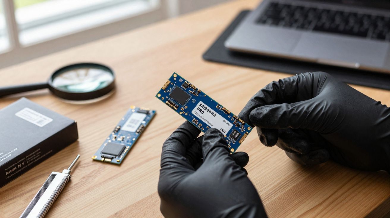 Mãos com luvas pretas seguram uma placa de memória SSD Samsung sobre mesa com laptop e lupa.