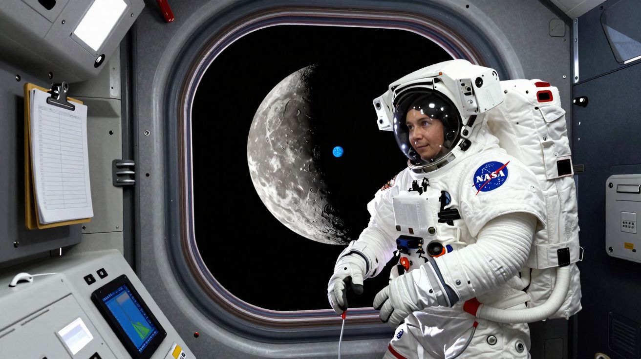 Astronauta da NASA em traje espacial dentro de nave com vista da Lua e da Terra pela janela.