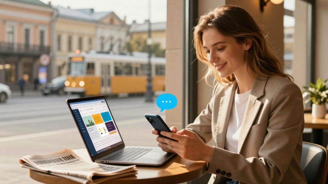 Mulher sorridente usando celular e laptop em cafeteria com jornal sobre a mesa e bonde amarelo ao fundo.