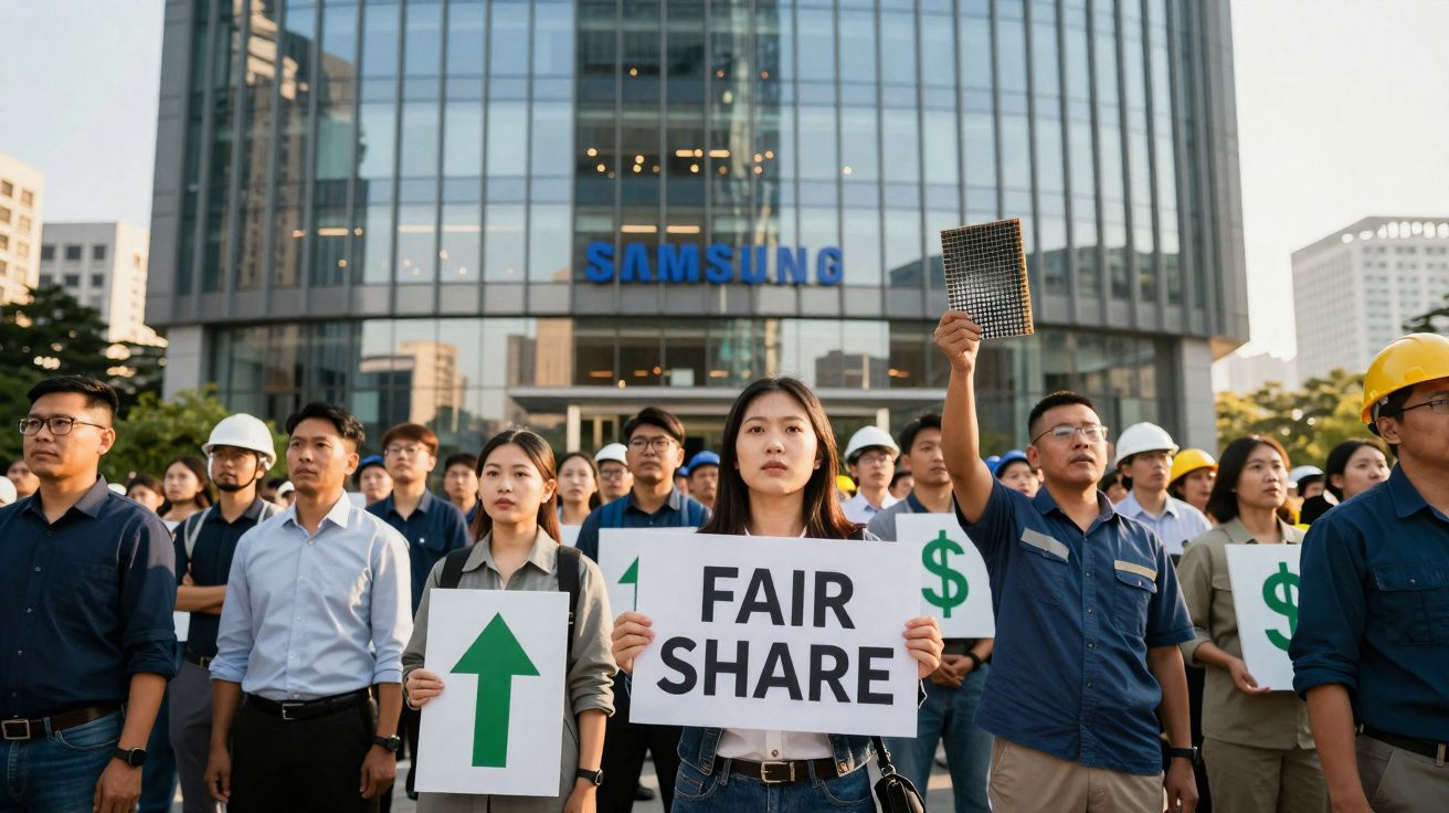 Grupo de trabalhadores protestando em frente à sede da Samsung com placas por divisão justa de ganhos.