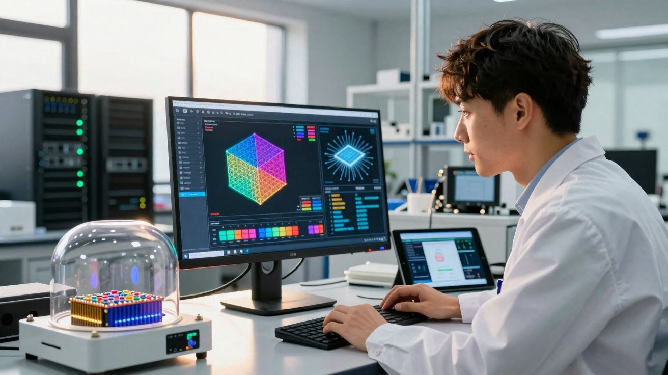 Pesquisador em laboratório com jaleco analisando gráficos coloridos de tecnologia no computador.