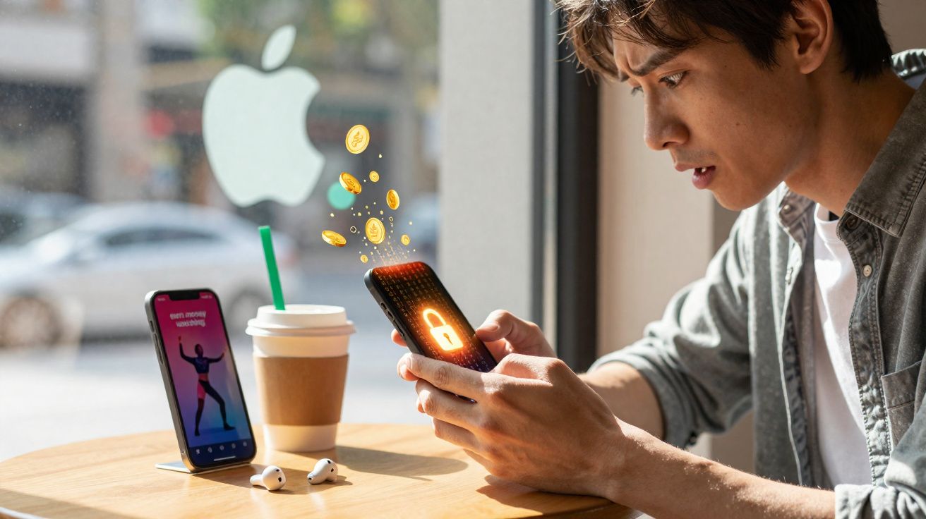 Jovem usando celular com ícone de cadeado e moedas digitais surgindo, sentado em café com fone e copo.