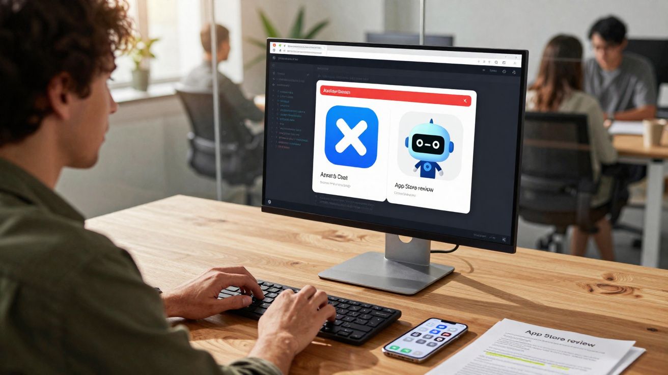 Pessoa usando computador com tela exibindo interface de chatbot em escritório moderno.