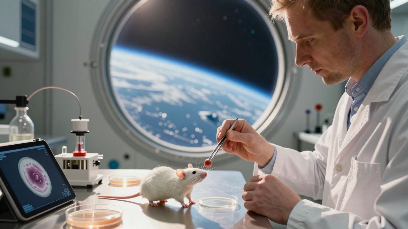 Cientista em espaço com janela observando rato branco em mesa de laboratório com equipamentos científicos.