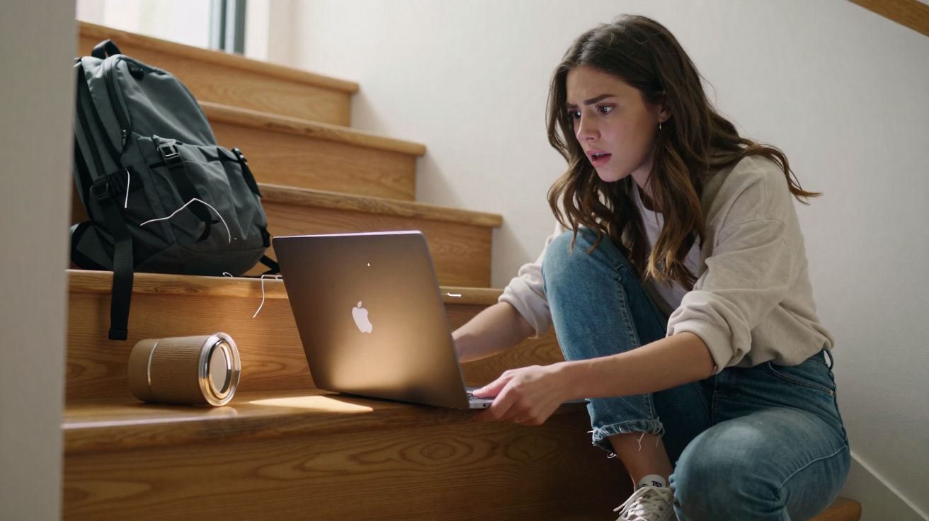 Jovem sentada em escada de madeira usando notebook com expressão preocupada, mochila e caixa de som ao lado.