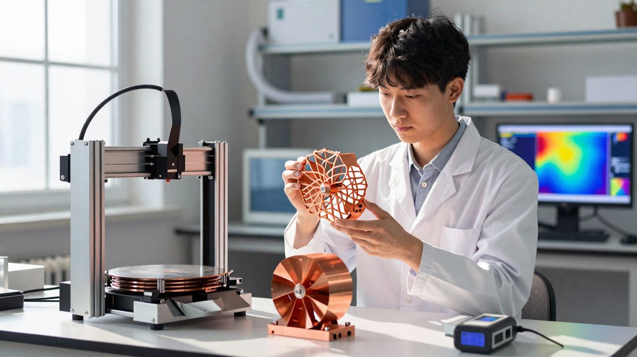 Cientista analisando peça metálica impressa em 3D em laboratório com equipamentos tecnológicos ao redor.