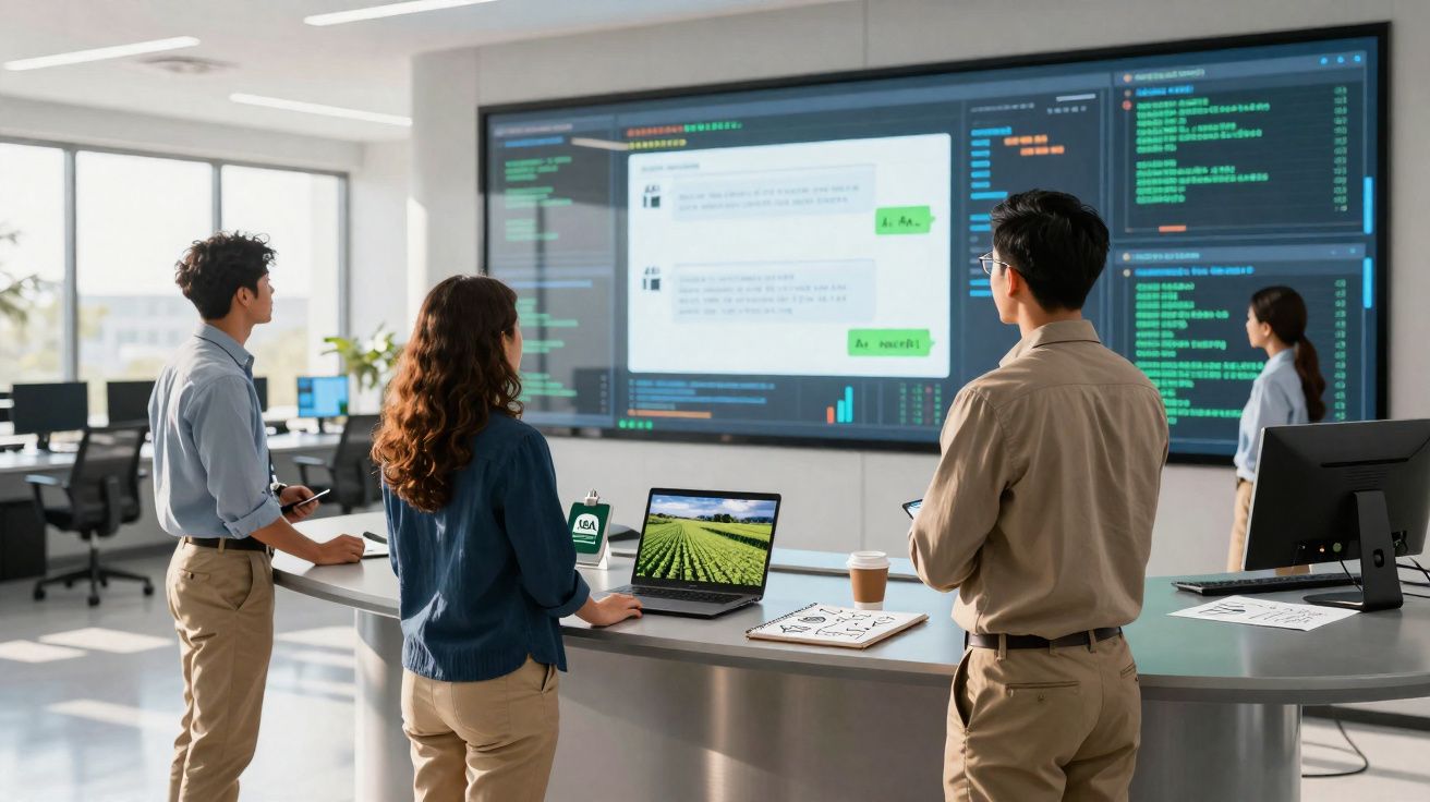 Quatro profissionais analisando dados em grande tela digital em um escritório moderno.
