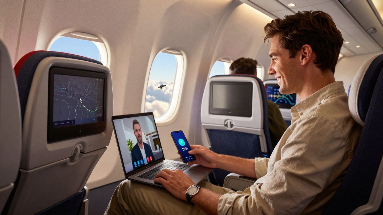 Homem sorridente usando laptop e celular em videochamada dentro de avião, com janela mostrando céu e nuvens.