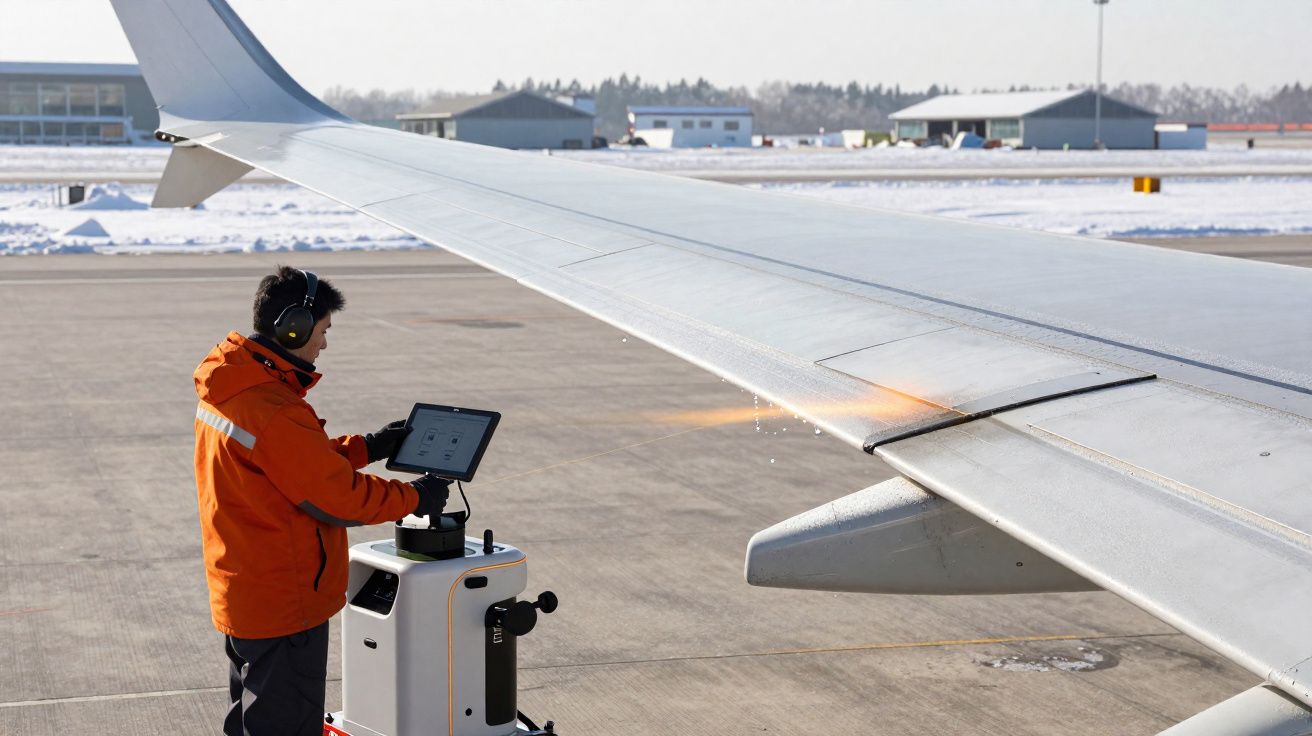 Técnico com jaqueta laranja inspeciona asa de avião com dispositivo eletrônico em aeroporto nevado.