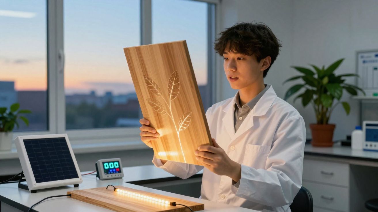 Jovem cientista em laboratório segurando placa de madeira iluminada com desenho de folhas.