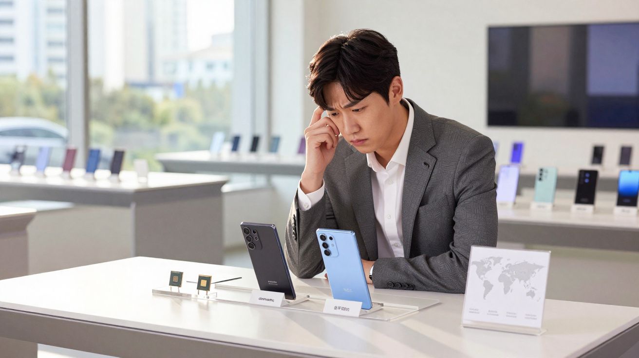 Homem de terno observa e analisa dois smartphones modernos em loja de tecnologia.