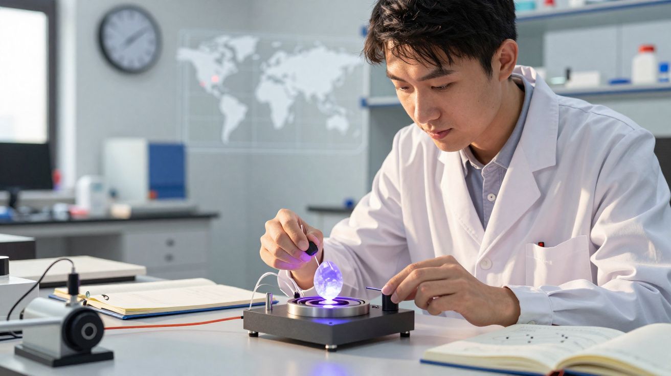 Cientista jovem usando jaleco manipula holograma em laboratório moderno com livros e equipamentos.