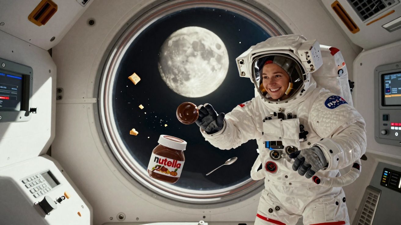 Astronauta sorri flutuando com pote de Nutella, colher, pão e Lua ao fundo na janela da nave espacial.