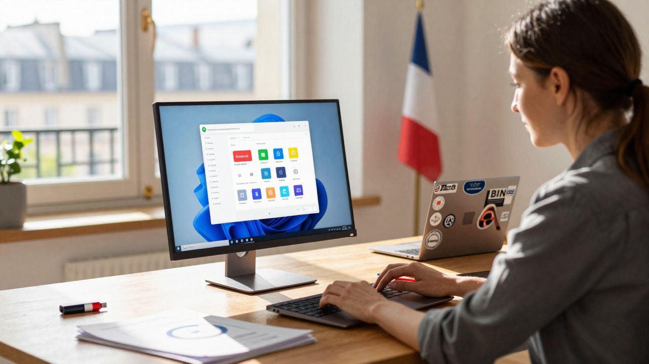 Mulher trabalhando em computador desktop com janela aberta no sistema Windows, em escritório iluminado.