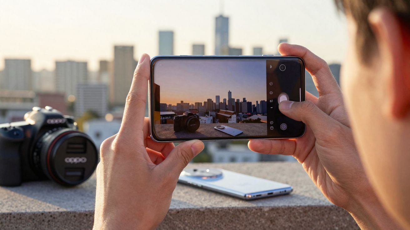 Pessoa segurando celular fotografando o skyline de uma cidade ao entardecer, com câmera e outro celular ao fundo.