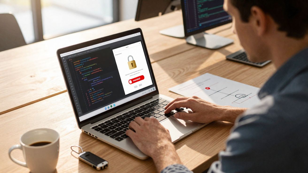 Pessoa programando em notebook com tela exibindo código e aviso de segurança, xícara de café e pen drive na mesa.